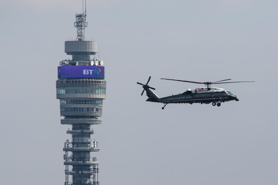 The Marine One helicopter flies past the BT Tower. Photo: Jack Taylor/Getty Images