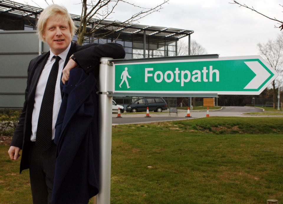 Boris Johnson, MP for Henley and Conservative spokesman on Higher Education, opens a footpath at the Environments Agency in Wallingford, Oxon, Friday April 7 2006. He later started a race between a car, a cyclist, runners and walkers to promote green travel. Watch for PA story.