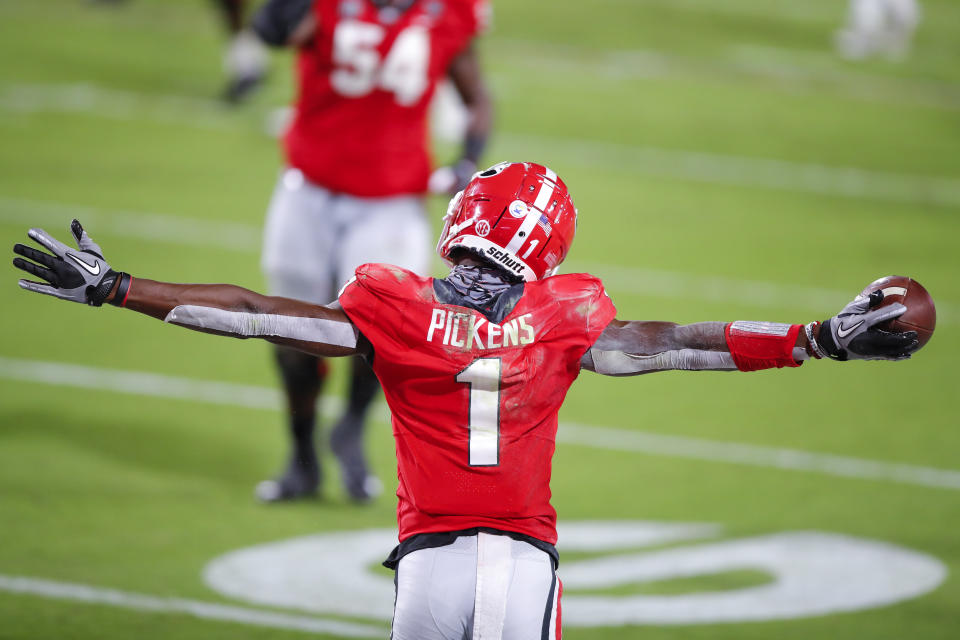 ATHENS, GA - OCTOBER 03: George Pickens #1 of the Georgia Bulldogs reacts after a touchdown during the second quarter of a game against the Auburn Tigers at Sanford Stadium on October 3, 2020 in Athens, Georgia. (Photo by Todd Kirkland/Getty Images)