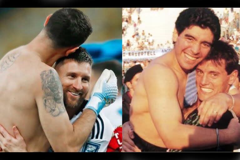 Emiliano Martínez se abraza con Messi tras la serie con Ecuador en la Copa América, tal como ocurrió con Maradona y Goycochea después de la serie de penales ante Yugoslavia en 1990