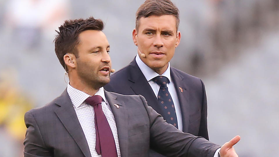 Jimmy Bartel and Matthew Richardson, pictured here before an AFL game in 2019.