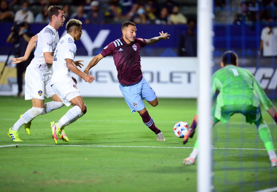 Colorado Rapids forward Andre Shinyashiki moves in for a shot on goal against the Los Angeles Galaxy at Dignity Health Sports Park on Tuesday night. Shinyashiki scored  a goal in the Rapids' 2-1 win.