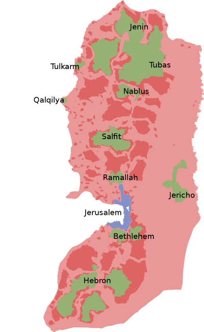 巴勒斯坦約旦河西岸，奧斯陸協議劃定的A區、B區分別為綠色、深紅色，由巴勒斯坦自治政府掌控。淺紅色C區由以色列掌控，紫色為耶路撒冷。（SoWhAt249@wikipediaBBCYSA4.0）