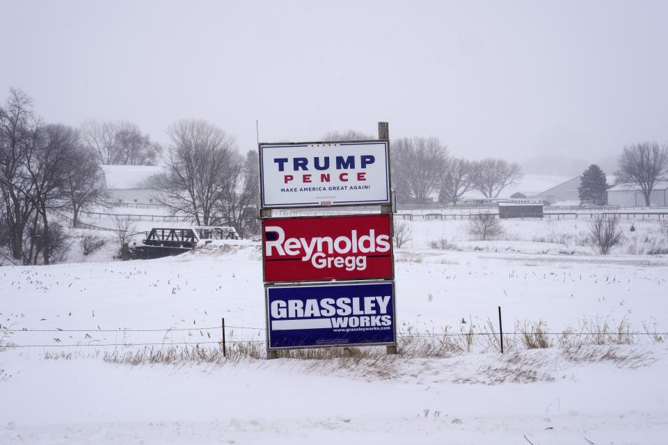 Campaign signs are seen during a winter storm in Sioux City, Iowa, Friday, Jan. 12, 2024. (AP Photo/Carolyn Kaster)