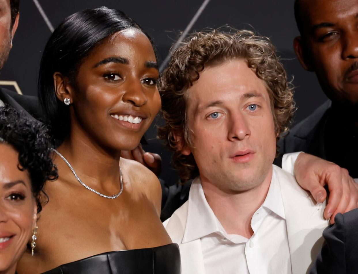 Ayo Edebiri, left, and Jeremy Allen White celebrate The Bear's win for outstanding comedy series at the 75th Primetime Emmy Awards Monday night. Edebiri won for supporting actress in a comedy series while White won for lead actor in a comedy series. (Frazer Harrison/Getty Images - image credit)