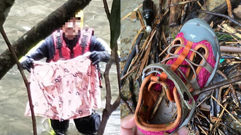 消防人員尋獲劉小妹妹的粉紅雨衣跟運動鞋。（圖／東森新聞）