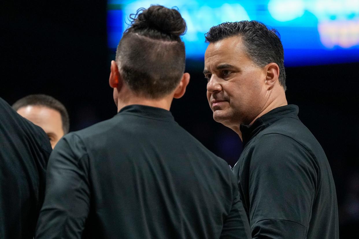 Xavier Musketeers head coach Sean Miller joins a huddle in the second half of the NCAA Big East conference basketball game between the Xavier Musketeers and the DePaul Blue Demons at the Cintas Center in Cincinnati on Wednesday, Feb. 28, 2024.