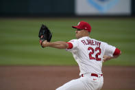 St. Louis Cardinals starting pitcher Jack Flaherty throws during the second inning of a baseball game against the Washington Nationals Tuesday, April 13, 2021, in St. Louis. (AP Photo/Jeff Roberson)