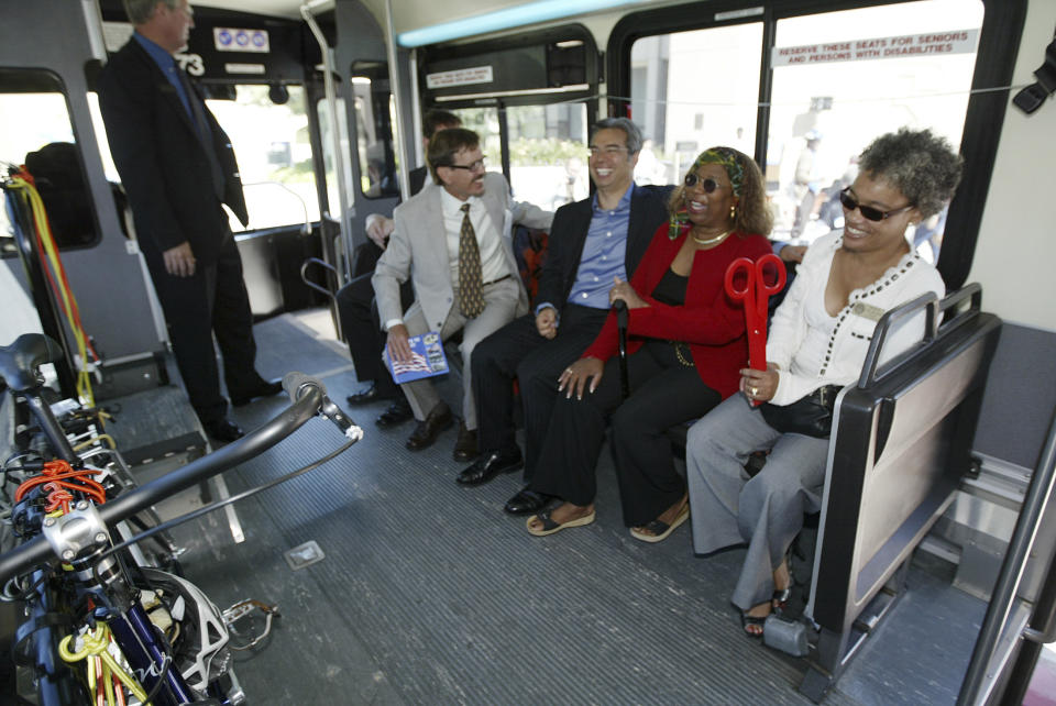 From left, Robert Raburn, Bart Director for District 4, then-Alameda vice mayor, Rob Bonta, College of Alameda president, Dr. Jannet N. Jackson, and Alameda Mayor, Marie Gilmore settle in for a test run of the new Estuary Crossing Shuttle after the ribbon cutting ceremony at the College of Alameda in Alameda, Calif. on Aug. 15, 2011. California Gov. Gavin Newsom has nominated Rob Bonta to be the state's next attorney general. (Laura A. Oda/Bay Area News Group via AP)
