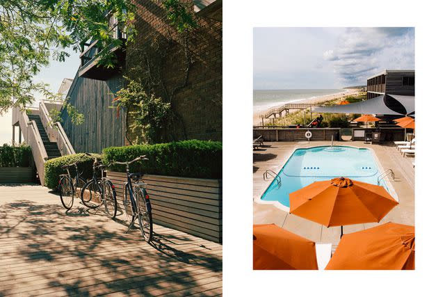 <p>Justin Kaneps</p> From left: Loaner bikes at Gurney's Montauk Resort & Seawater Spa; the swimming pool at Marram Montauk.