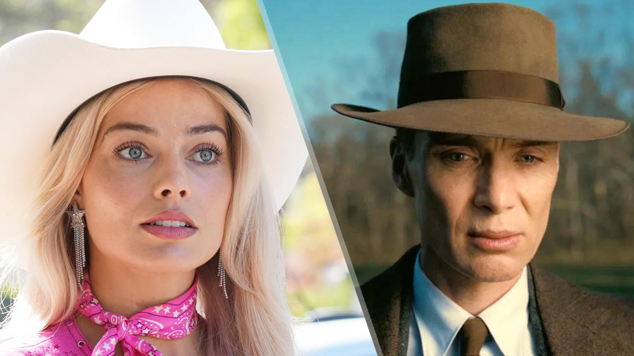  (L-r) MARGOT ROBBIE in Barbie and Cillian Murphy as J. Robert Oppenheimer in Oppenheimer 