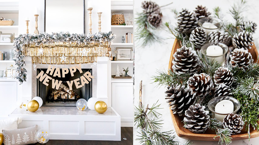 decorated fireplace and mantel for new year's eve and a snowy pine cone and greens centerpiece