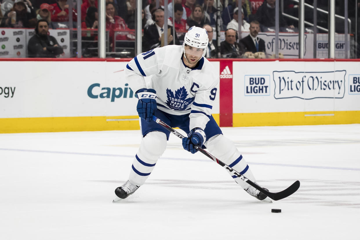 WASHINGTON, DC - OCTOBER 16: John Tavares #91 of the Toronto Maple Leafs skates with the puck against the Washington Capitals during the third period at Capital One Arena on October 16, 2019 in Washington, DC. (Photo by Scott Taetsch/Getty Images)