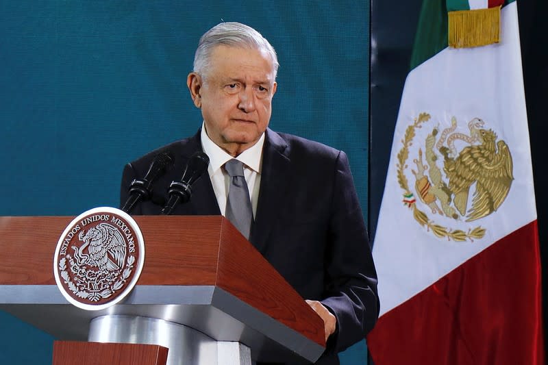 Mexico's President Andres Manuel Lopez Obrador holds his daily news conference in Oaxaca
