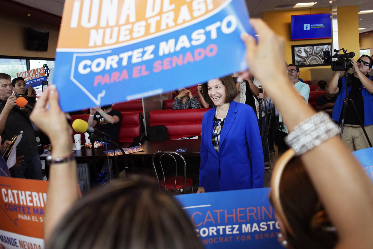 Sen. Catherine Cortez Masto, D-Nev., at a campaign event in Las Vegas on Aug. 12, 2022. (John Locher/AP)