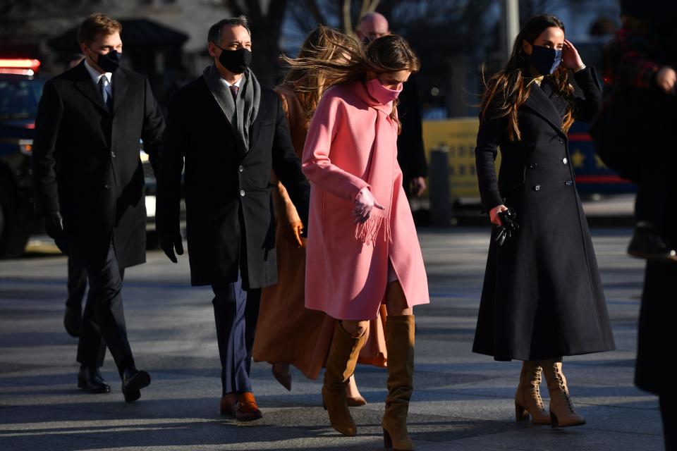 Natalie Biden, a granddaughter of U.S. President Joe Biden, gathers with family before walking along the abbreviated parade route after Biden's inauguration on January 20, 2021 in Washington, DC.