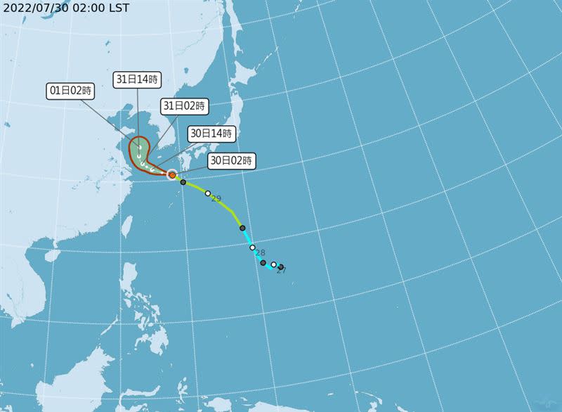 桑達颱風預估路徑。（圖／中央氣象局）