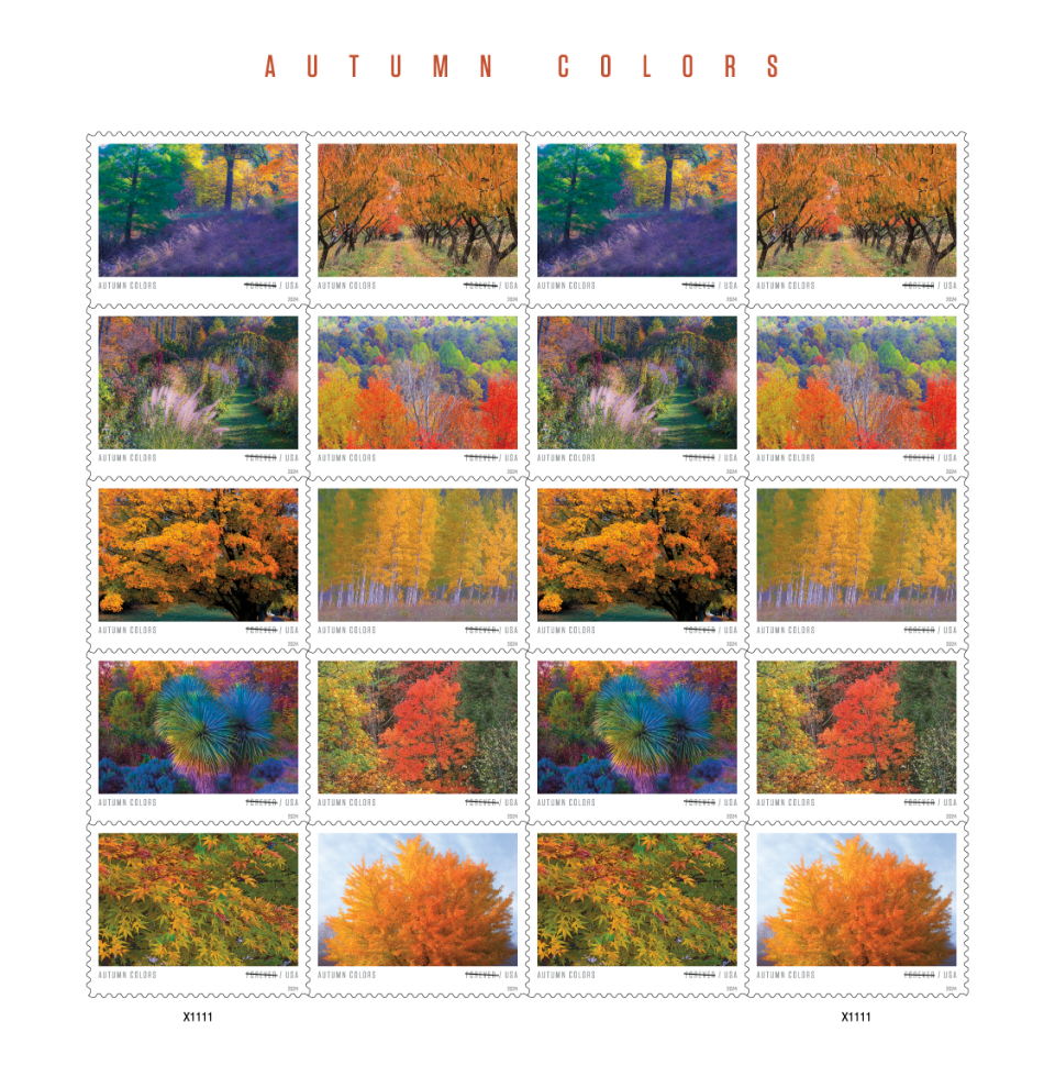 The U.S. Postal Service revealed dozens of stamp designs for 2024 on Oct. 23, with more to be released soon. The Autumn Colors stamp features a pane of 20 photographs taken around the U.S. by renowned nature and garden photographer Allen Rokach (1941-2021).