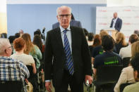 Sen. Peter Welch, D-Vt., is seen leaving after speaking about the Affordable and Connectivity Program (ACP) at the Shaw Library in Washington, Tuesday, April 30, 2024. Advocacy groups and policymakers are pushing for Congress to fully fund the ACP, because April 2024 marks the last month of full funding. (AP Photo/Pablo Martinez Monsivais)
