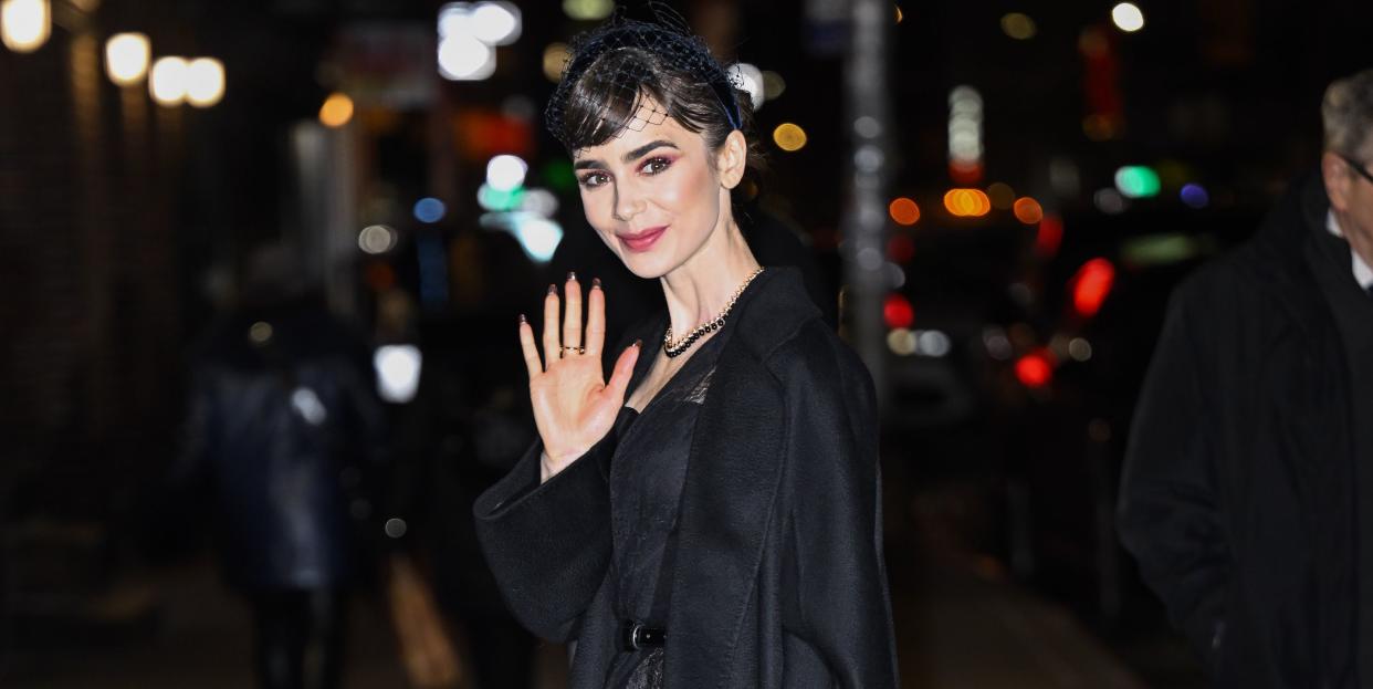 new york, new york   december 12 lily collins visits the the late show with stephen colbert at the ed sullivan theater on december 12, 2022 in new york city photo by james devaneygc images