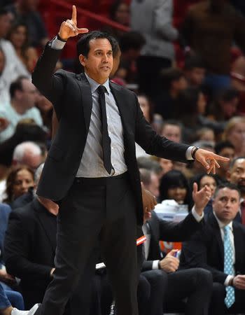 Dec 16, 2017; Miami, FL, USA; Miami Heat head coach Erik Spoelstra reacts in the game against the LA Clippers during the second half at American Airlines Arena. Mandatory Credit: Jasen Vinlove-USA TODAY Sports
