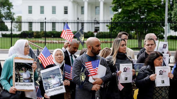 PHOTO: Family members of American citizens detained overseas listen during a rally hosted by Bring Back our Families in Lafayette Park near the White House, on May 3, 2023, in Washington, D.C. (Anna Moneymaker/Getty Images)