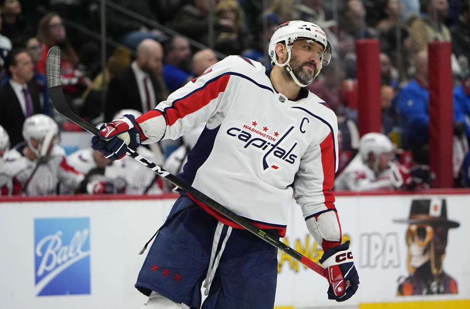 Washington Capitals left wing Alex Ovechkin waits for play to resume in the second period of an NHL hockey game against the Colorado Avalanche Wednesday, Jan. 24, 2024, in Denver. (AP Photo/David Zalubowski)