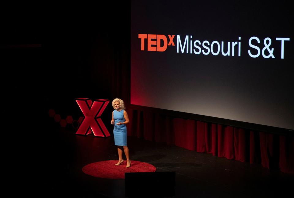 Katie Brown presents a talk titled “Starting Every Child on a Pathway to Lifelong Wellness” during the TEDxMissouriS&T event Oct. 26, 2023, in Leach Theatre.