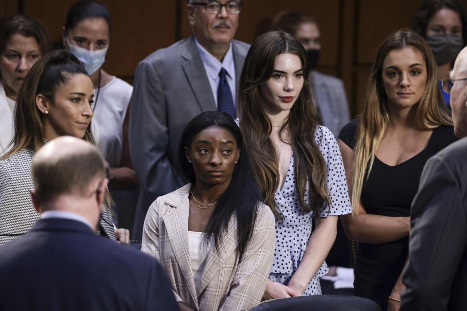 U.S. Olympic Gymnasts Aly Raisman, Simone Biles and McKayla Maroney and others are suing the FBI over the Larry Nassar case. (Photo by Anna Moneymaker/Getty Images)