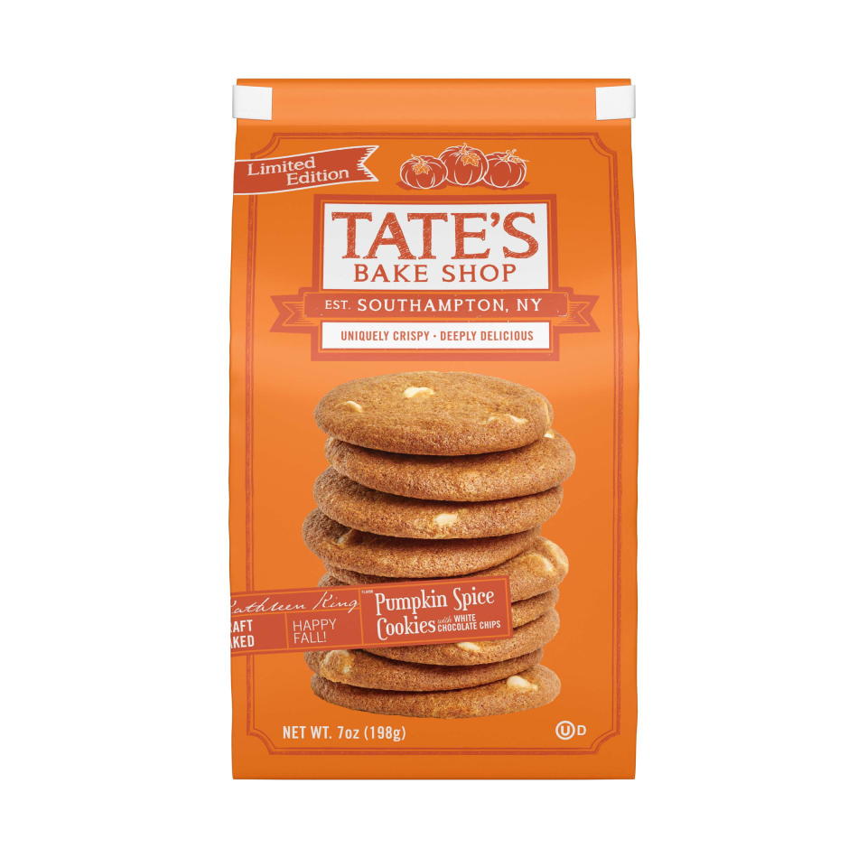 <p><a href="https://go.redirectingat.com?id=74968X1596630&url=https%3A%2F%2Fwww.walmart.com%2Fip%2FTate-s-Bake-Shop-Pumpkin-Spice-Cookies-with-White-Chocolate-Chips-Limited-Edition-7-oz%2F444203585&sref=https%3A%2F%2Fwww.countryliving.com%2Ffood-drinks%2Fg44937506%2Fbest-store-bought-pumpkin-spice-products%2F" rel="nofollow noopener" target="_blank" data-ylk="slk:Shop Now;elm:context_link;itc:0;sec:content-canvas" class="link ">Shop Now</a></p><p>Pumpkin Spice Cookies with White Chocolate Chips</p><p>walmart.com</p><p>$5.78</p>