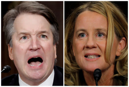 U.S. Supreme Court nominee Brett Kavanaugh and Professor Christine Blasey Ford, testify in this combination photo during a Senate Judiciary Committee confirmation hearing on Capitol Hill in Washington, DC, U.S., September 27, 2018. REUTERS/Jim Bourg