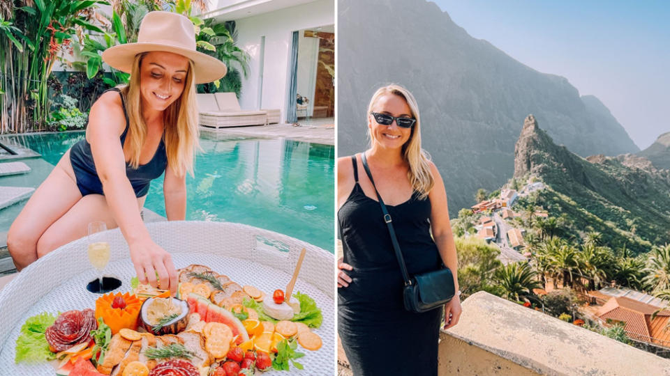 Composite image of a woman enjoying a fruit platter by the pool and a woman smiling in front of a picturesque setting.
