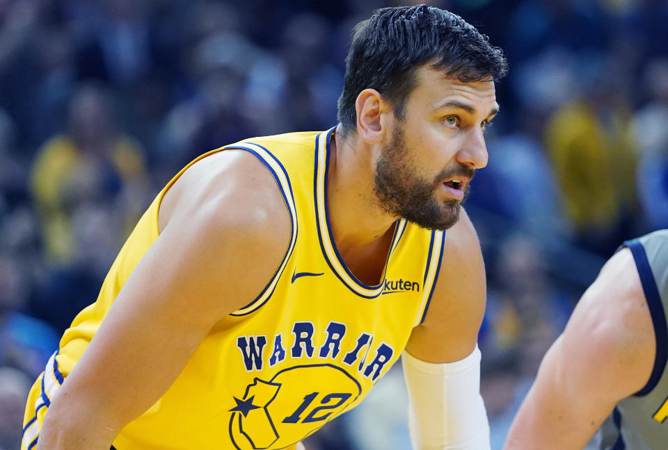 Andrew Bogut of the Golden State Warriors looks on against the Indiana Pacers during an NBA game on March 21, 2019.