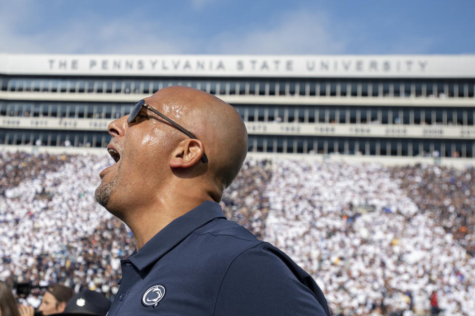 Penn State head coach James Franklin reacts at the end of a 17-10 win over Pittsburgh in an NCAA college football game in State College, Pa., on Saturday, Sept. 14, 2019. (AP Photo/Barry Reeger)