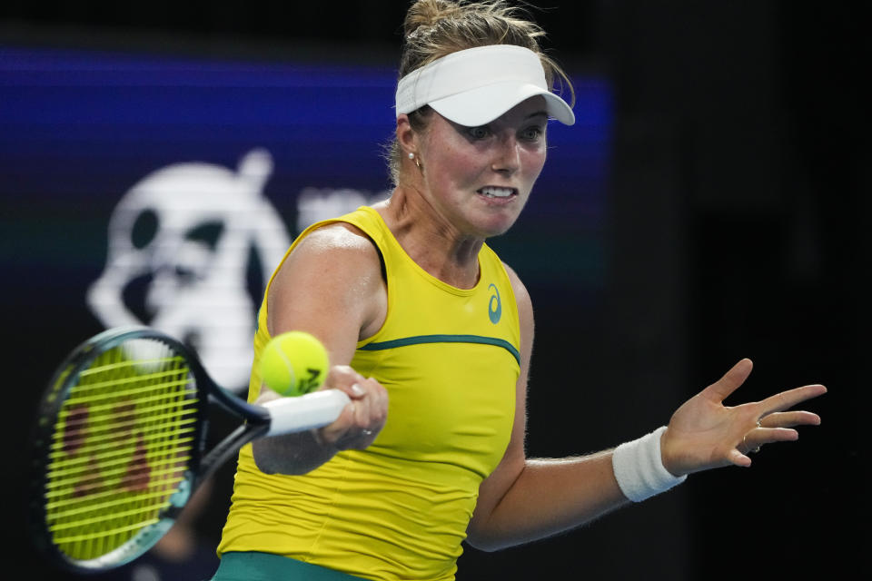 Australia's Olivia Godecki plays a forehand return to Spain's Jessica Bouzas Maneiro during their Group D match at the United Cup tennis event in Sydney, Australia, Tuesday, Jan. 3, 2023. (AP Photo/Mark Baker)