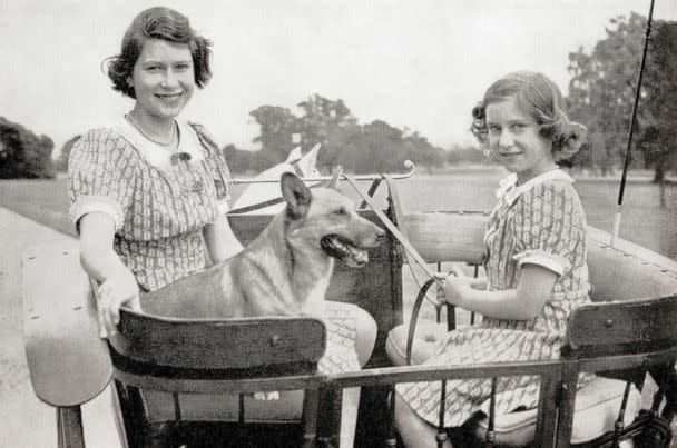 PHOTO: Princess Elizabeth, the future Queen Elizabeth II, left, and Princess Margaret, right, drive a pony and trap in Great Windsor Park, England, 1941.  (Universal History Archive via Getty Images)