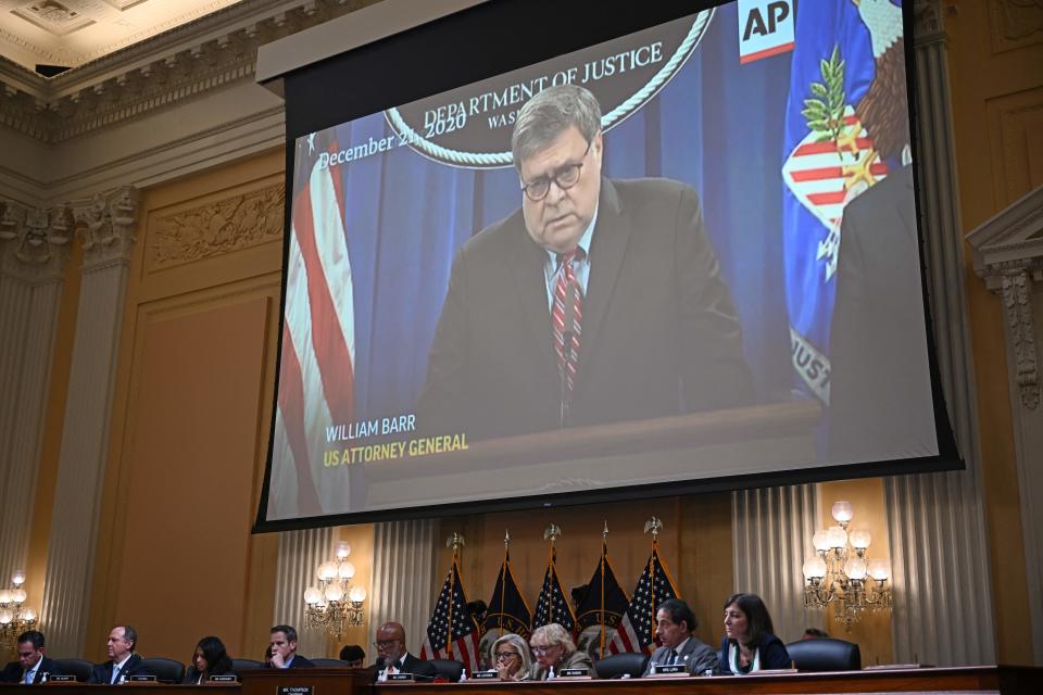 A video of former Attorney General William Barr speaking is shown on a screen during the fifth hearing by the House Select Committee to Investigate the January 6th Attack on the US Capitol in the Cannon House Office Building in Washington, DC, on June 23, 2022. (Mandel Ngan/AFP via Getty Images)