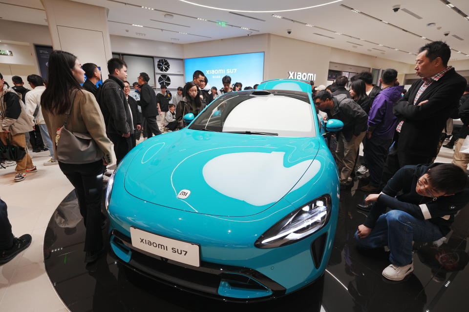 HANGZHOU, CHINA - MARCH 28: Xiaomi's new energy vehicle SU7 is displayed at a Xiaomi store on March 28, 2024 in Hangzhou, Zhejiang Province of China. The Xiaomi SU7 was officially launched on the night of March 28. (Photo by VCG/VCG via Getty Images)