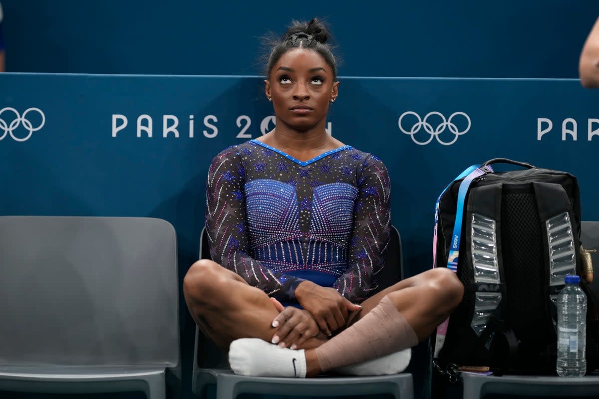 Simone Biles, of the United States, is seen during the women’s artistic gymnastics all-around finals in Bercy Arena at the 2024 Summer Olympics on Thursday in Paris.  Biles has confessed that she was “shaking” with anxiety in the Olympic Village as she opened up about her nerves ahead of the women’s gymnastics vault final. (Copyright 2024 The Associated Press. All rights reserved)