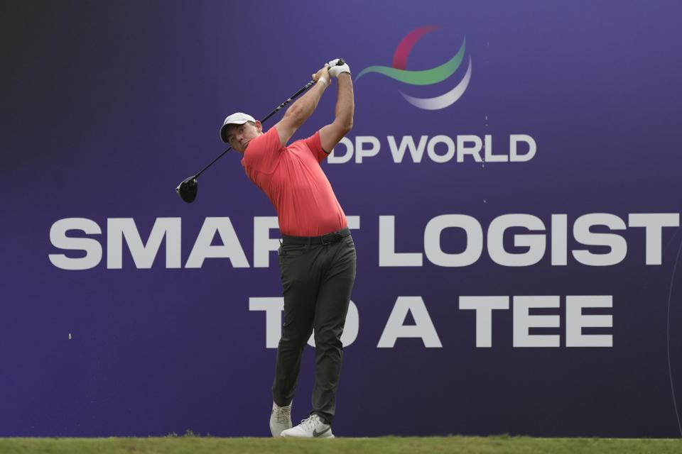 Rory McIlroy of Northern Ireland tees off on the 15th hole during the round one of the DP World Tour Championship golf tournament, in Dubai, United Arab Emirates, Thursday, Nov. 16, 2023. (AP Photo/Kamran Jebreili)