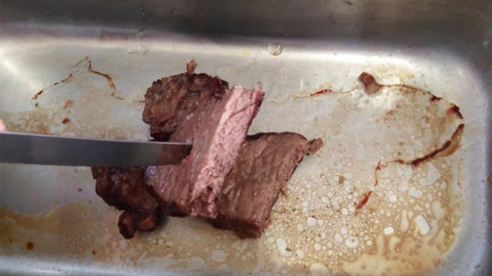 What a raw steak looked like after being left inside a car in Mildura for five hours. Source: Facebook/Mildura Dockside Cafe