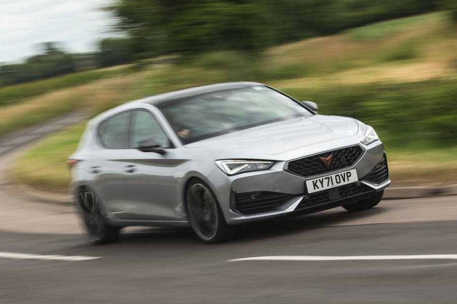 Cupra Leon driving, front quarter