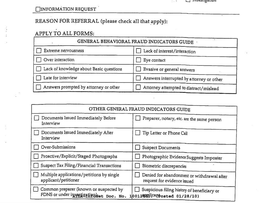 A copy of the fraud indicators guide that U.S. immigration uses