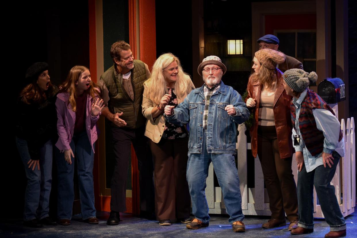 "Grumpy Old Men: The Musical" townsfolk cast members react to Brian Allen Chambers as Grandpa Gustafson in the Icehouse Theatre production running through Dec. 10 in Mount Dora.