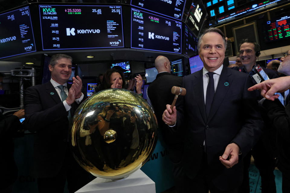 Thibaut Mongon, CEO of Kenvue Inc. Johnson & Johnson’s consumer-health business, rings a ceremonial bell to celebrate the opening trade during the company’s IPO at the New York Stock Exchange (NYSE) in New York City, U.S., May 4, 2023.  REUTERS/Brendan McDermid