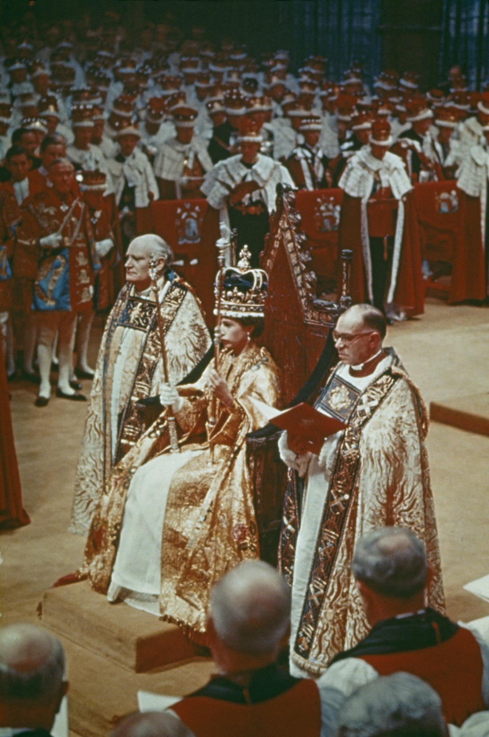 Queen Elizabeth II wearing the St. Edward's crown at her coronation ceremony in Westminster Abbey in 1953