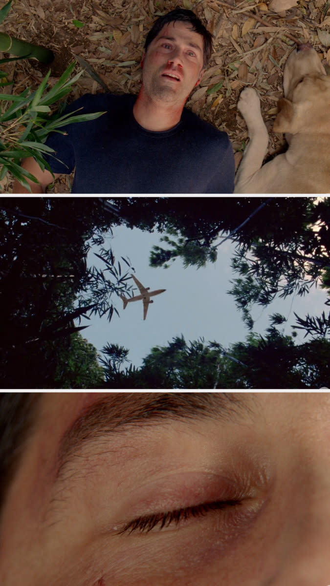 person laying on the ground in the woods and a closeup of his eyes closed