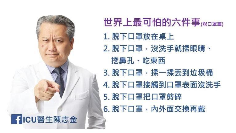 奇美醫院醫師陳志金在臉書發文，提醒民眾別使用錯誤的方式脫口罩。（翻攝自ICU醫生陳金志臉書）