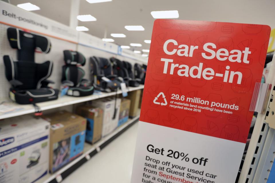 New car seats at the Appleton east Target on Sept. 15, 2022, in Appleton, Wis. The store hosts an annual Car Seat Trade-in Event where guests can bring in an old seat to receive a 20% off coupon for a new one.