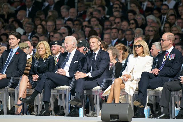 <p>Lou Benoist - Pool/Getty</p> Canadian Prime Minister Justin Trudeau, First Lady Jill Biden, President Joe Biden, French President Emmanuel Macron, Brigitte Macron and Prince William at the international commemorative ceremony at Omaha Beach marking the 80th anniversary of the D-Day Landings on June 6, 2024 in Normandy, France.